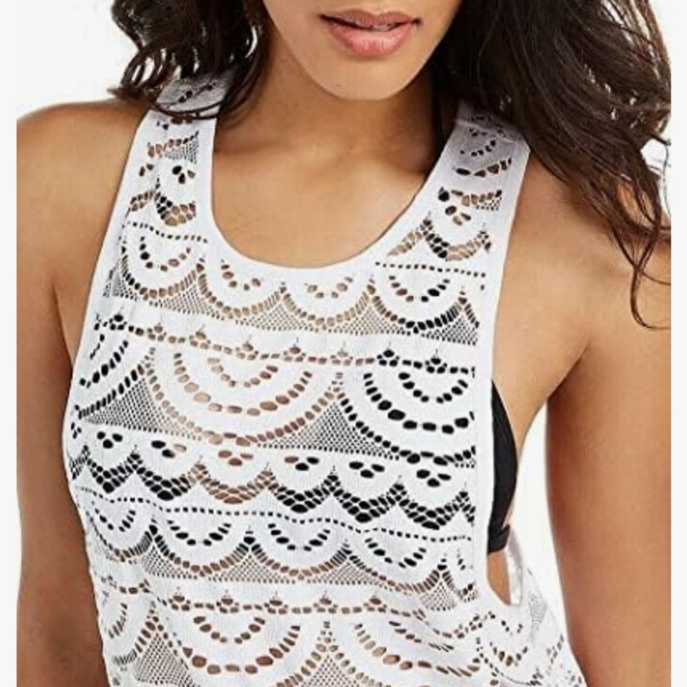 PILYQ white crochet lace look beach cover up tank top EUC M/L tropical - Picture 2 of 9